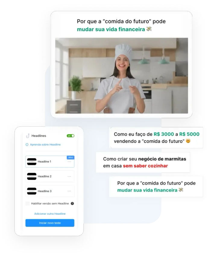 Painel do VTurb mostrando o teste A/B de Headlines com três variações de título sobre um vídeo de culinária